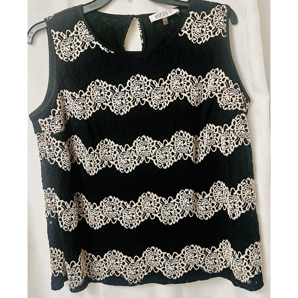 kasper plus size tops 1x Sleeveless floral scroll lace Black White Lined
